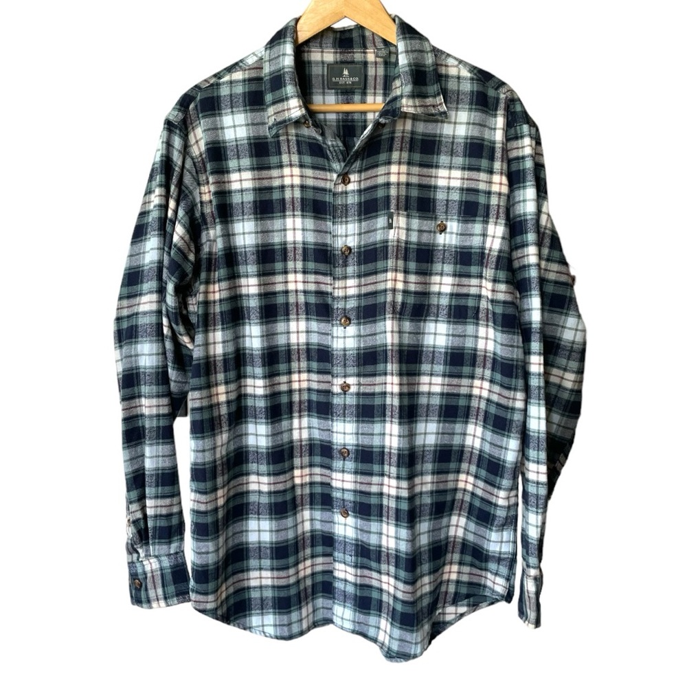 G.H. Bass Navy Blue Light Blue Flannel Button Down Shirt Size Medium